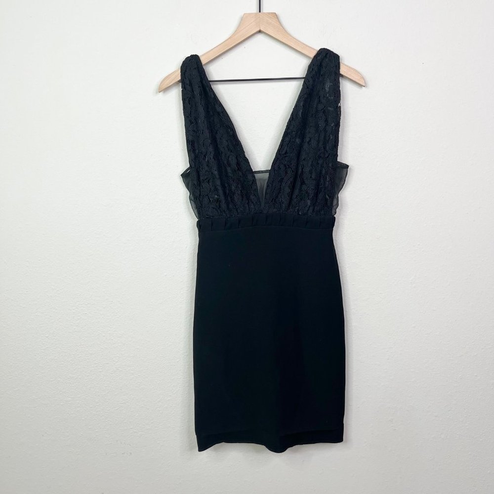 Assali Women's Cartel Mini Black Dress Size XS Deep V Lace Zip Back - Picture 2 of 12